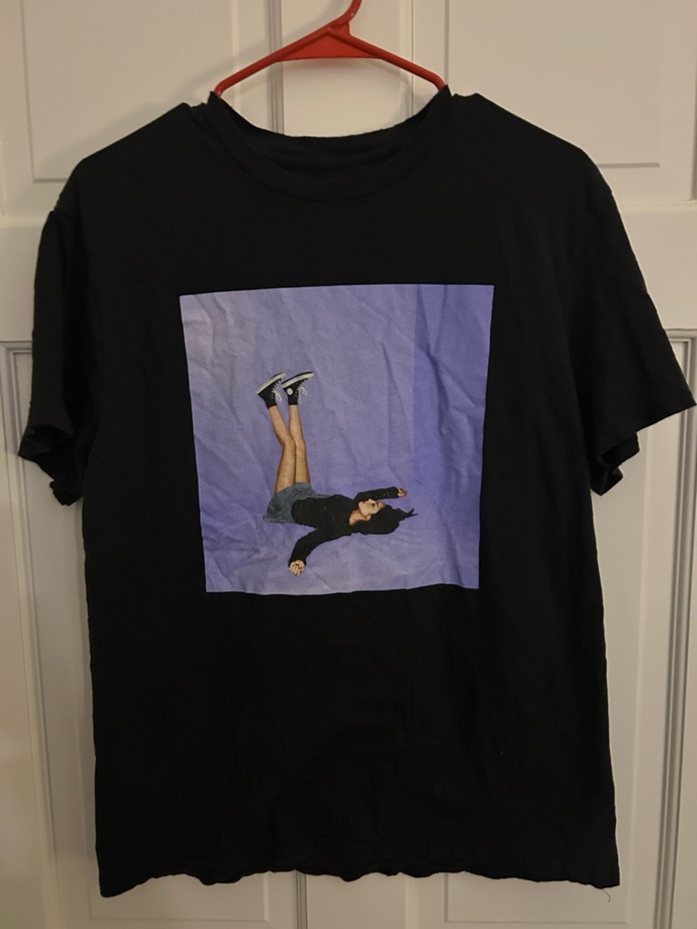 Black Graphic Tee with Purple Square Photo Print